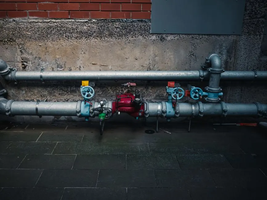 A detailed view of industrial pipes with colorful valves on a textured wall.